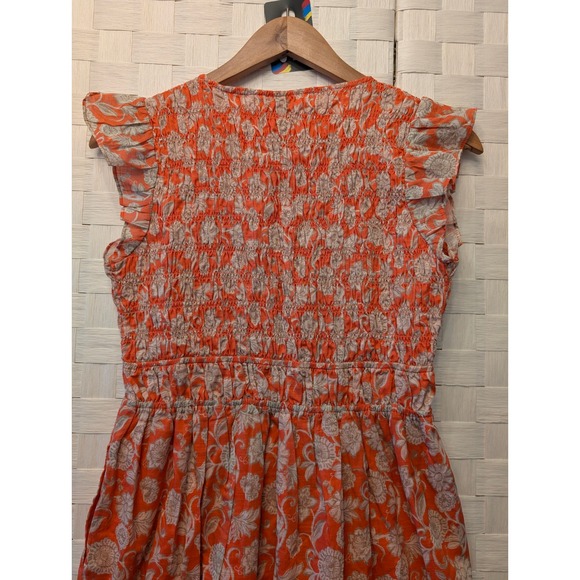 Anthropologie Ruffle Sleeve Smocked Midi Dress Orange Floral Button Front XXS - Picture 14 of 16